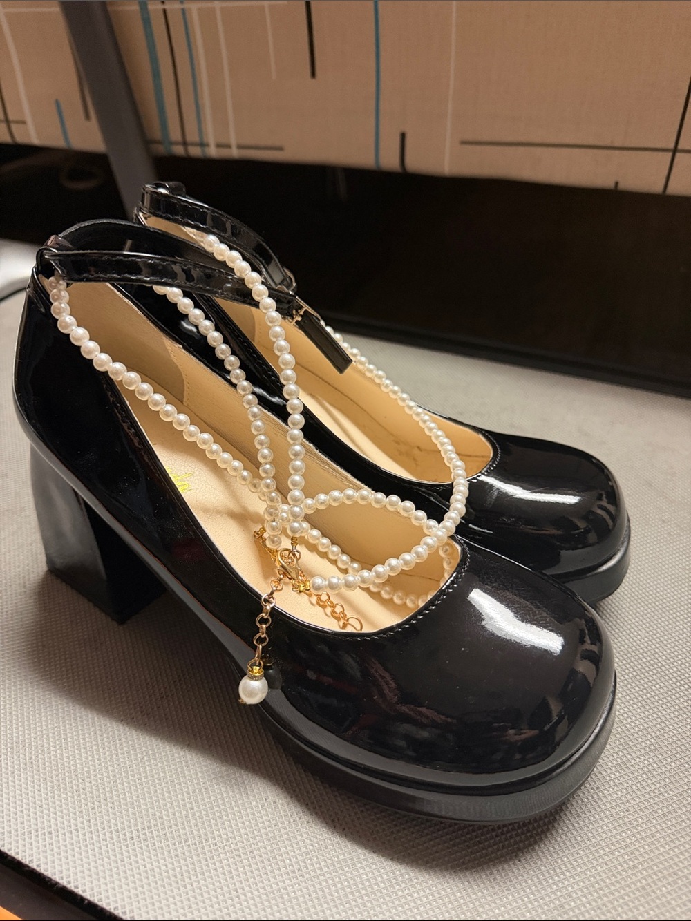 Black Patent Mary Jane Heels with Pearl Strap
